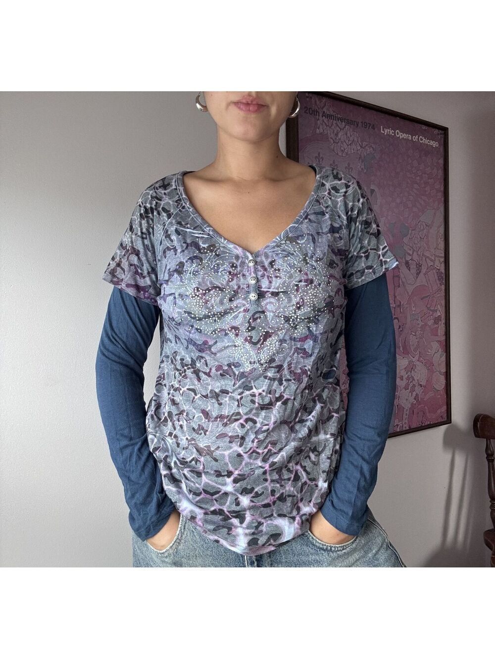 One World Y2K Long Sleeve Layered Look Top with Rhinestones